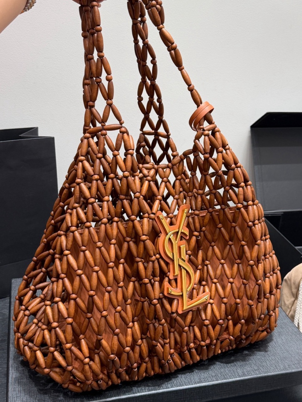 Saint Laurent Brown Beaded Macramé Tote with Gold YSL Emblem